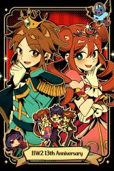 Rule 34 | &gt; &lt;, 1brad, 2boys, 2girls, :d, bellelba (pokemon), brown hair, chibi, closed eyes, crown, double bun, epaulettes, gen 5 pokemon, gloves, hair bun, hashtag-only commentary, highres, hugh (pokemon), jacket, long hair, mini crown, multiple boys, multiple girls, nate (pokemon), nintendo, open clothes, open jacket, open mouth, pants, pointing, pokemon, pokemon (creature), pokemon bw2, pokestar studios, rosa (pokemon), sabrina (pokemon), shirt, short sleeves, skirt, smile, sparkle, striped clothes, striped shirt, swoobat, twintails, white gloves, white shirt