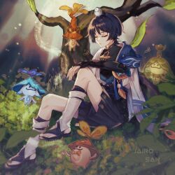 1boy anemo_symbol_(genshin_impact) animal animal_on_head arama_(genshin_impact) aranara_(genshin_impact) arapandu_(genshin_impact) ararycan_(genshin_impact) arayasa_(genshin_impact) armor artist_name belt bird bird_on_head black_belt black_bodysuit black_bow black_bridal_gauntlets black_hair black_leggings black_sandals black_shorts blue_cape blue_gemstone blue_kimono blue_sleeves blunt_ends blurry bodysuit bow bridal_gauntlets cape closed_eyes closed_mouth covered_collarbone depth_of_field feathers finch fingernails furisode gem genshin_impact gold gold_ring hakama hakama_shorts hand_on_own_knee hip_vent jairosan japanese_armor japanese_clothes juban kimono knee_up kote kurokote layered_sleeves leg_warmers leggings male_focus mandarin_collar middle_ring music on_head open_clothes open_hand open_kimono pleated_shorts pom_pom_(clothes) purple_rope purple_sash rope sandals sash scaramouche_(genshin_impact) short_sleeves shorts shoulder_peek sitting stirrup_legwear three_quarter_view toeless_legwear toenails toes tree vision_(genshin_impact) wanderer_(genshin_impact) white_kimono white_leg_warmers white_sleeves white_trim wispy_bangs yellow_feathers zouri