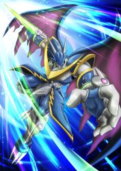 Rule 34 | arm blade, armor, blue armor, blue background, digimon, digimon (creature), dowa d 715, dragon, energy sword, full body, highres, purple wings, solo, sword, ulforcev-dramon, weapon, wings
