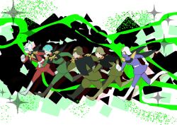 1girl 4boys boots brown_boots challia_bull char_aznable commentary dren_(gundam) facial_hair gloves green_hair gundam gundam_gquuuuuux helmet highres jacket kycilia_zabi luroiwan mask military_jacket military_uniform mobile_suit_gundam mouth_mask multiple_boys mustache red_hair shirt short_hair slender_(gundam) white_boots white_gloves zeon