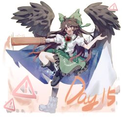 1girl absurdres arm_cannon black_hair black_shoes black_socks black_wings bow cape chinese_commentary commentary_request english_text feathered_wings frilled_skirt frills full_body green_bow green_skirt hair_bow highres leg_up loafers long_hair open_mouth puffy_short_sleeves puffy_sleeves rddumpling red_eyes reiuji_utsuho shirt shoes short_sleeves sign skirt smile socks solo teeth touhou two-sided_cape two-sided_fabric upper_teeth_only v-shaped_eyebrows warning_sign weapon white_shirt wings