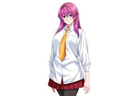 Rule 34 | 1girl, aqua eyes, black pantyhose, blue eyes, breast pocket, breasts, casual, cowboy shot, game cg, gentle sasaki, hair between eyes, long hair, long sleeves, looking at viewer, necktie, non-web source, official art, pantyhose, pink hair, pleated skirt, pocket, purple hair, red skirt, school uniform, shindou hatsune, shirt, skirt, smile, solo, soukou senki prism reica, transparent background, white shirt, yellow necktie