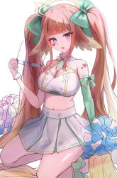 1girl :o absurdres bare_shoulders blonde_hair blue_archive blue_eyes bow breasts buttons cheerleader choker commentary_request double-breasted feather_hair frilled_choker frills glasses gurakyuso hair_bow halo highres holding holding_removed_eyewear kneeling large_breasts long_hair looking_at_viewer multicolored_hair navel orange_hair pom_pom_(cheerleading) shimiko_(blue_archive) shoulder_tattoo simple_background solo sports_bra stomach tattoo trinity_general_school_logo twintails unworn_eyewear very_long_hair yellow_halo