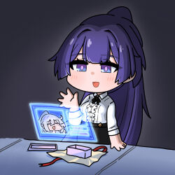 2girls :d black_skirt box breasts center_frills chibi collared_shirt commentary_request dress_shirt frills gift gift_box hair_intakes hand_up highres holographic_interface honkai_(series) honkai_impact_3rd kiana_kaslana long_hair long_sleeves medium_breasts mokkyo_(motkyo) multiple_girls open_mouth ponytail purple_eyes purple_hair raiden_mei shirt skirt smile very_long_hair white_shirt