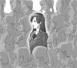 5boys 6+girls anko_eclair commentary_request corsage crying glasses graduation greyscale highres idolmaster idolmaster_(classic) kisaragi_chihaya long_hair long_sleeves monochrome multiple_boys multiple_girls music open_mouth sailor_collar school_uniform short_hair singing tears teeth upper_teeth_only