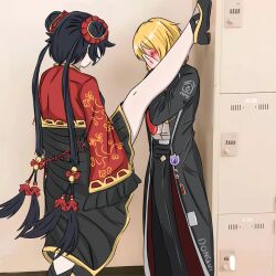 2girls against_wall badge black_coat black_dress black_hair black_pants blonde_hair blush china_dress chinese_clothes coat commentary covering_face don_quixote_(project_moon) dress english_commentary foot_kabedon gold_trim highres jia_xichun_(project_moon) kabedon leg_up limbus_company locker locker_foot_kabedon_(meme) meme multiple_girls necktie ngrider pants project_moon red_necktie red_shrug shirt short_hair slippers twintails white_shirt white_streaks yuri
