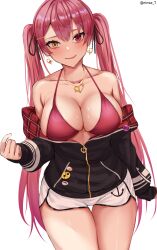 1girl absurdres bikini black_jacket breasts cleavage collarbone cowboy_shot dolphin_shorts earrings hair_ribbon heart heart_earrings heart_necklace heterochromia highres hololive houshou_marine houshou_marine_(summer) jacket jewelry large_breasts long_hair looking_at_viewer necklace off_shoulder red_bikini red_eyes red_hair ribbon rinse_7 shorts simple_background smile solo swimsuit twintails very_long_hair virtual_youtuber white_background yellow_eyes