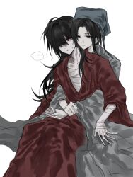 ... 2boys bandaged_arm bandaged_chest bandaged_hand bandages black_hair blue_eyes blue_hat chinese_clothes closed_mouth dao_gui_yi_xian grey_hanfu hair_down hair_over_one_eye hanfu hat hat_ribbon highres hug hug_from_behind jin_(headwear) li_huowang long_hair looking_at_another male_focus multiple_boys pale_skin red_eyes red_hanfu ren8936124 ribbon robe simple_background sitting sitting_on_lap sitting_on_person smile speech_bubble spoken_ellipsis sweatdrop updo white_background yaoi zhouzi_jin_(headwear) zhuge_yuan