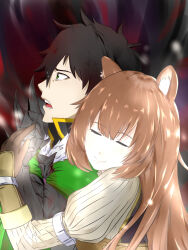 Rule 34 | 1boy, 1girl, abstract background, animal ears, armor, armored gloves, black dress, black hair, black shirt, blunt bangs, breastplate, brown gloves, brown hair, cloak, closed eyes, closed mouth, collared shirt, commentary request, couple, dress, elbow gloves, fur-trimmed cloak, fur trim, gloves, gold trim, green cloak, green eyes, grey armor, hand up, hetero, high collar, highres, holding hands, hug, hug from behind, iwatani naofumi, leather armor, long hair, long sleeves, looking ahead, ma bo do hugozen, messy hair, metal arm cuffs, metal wrist cuffs, open mouth, raccoon ears, raccoon girl, raphtalia, shirt, short hair, sleeveless, sleeveless dress, smile, straight hair, striped clothes, striped dress, tate no yuusha no nariagari, teeth, upper body, vertical-striped clothes, vertical-striped dress, white dress