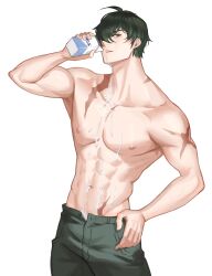 1boy abs absurdres adano1124 green_eyes green_hair green_pants hair_between_eyes hair_over_one_eye highres holding holding_milk_carton lighter_(zenless_zone_zero) male_focus milk_carton muscular muscular_male navel open_mouth pants scar scar_on_arm scar_on_neck scar_on_shoulder short_hair solo stomach topless_male white_background zenless_zone_zero