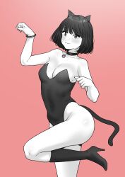 1girl :3 absurdres animal_ears bare_shoulders bell blush boots bracelet breasts cat_ears choker greyscale_with_colored_background hand_up high_heel_boots high_heels highres jewelry leotard neck_bell original paw_pose pink_background short_hair small_breasts standing standing_on_one_leg tantanmen72