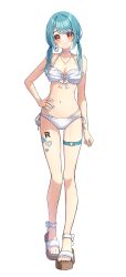 1girl absurdres bikini blue_hair breasts brown_sandals closed_mouth collarbone commentary_request earrings full_body hal_(haldayo913) highres jewelry legs looking_at_viewer multicolored_hair navel necklace red_eyes sandals shiranami_ramune side-tie_bikini_bottom simple_background smile solo standing stomach streaked_hair swimsuit thigh_strap thighs toes virtual_youtuber vspo! white_background white_bikini white_hair
