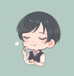 1girl :t apple apple_slice black_hair black_sweater_vest blush chibi chibi_only closed_eyes collared_shirt commentary_request cropped_torso food fruit futsuu_no_keion-bu green_background hair_ornament hairpin heart highres holding holding_plate kouyama_rin parted_bangs pixie_cut plate shirt short_hair short_sleeves simple_background solo sweater_vest takamine_yotsuha toothpick u_u white_shirt