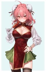 1girl ahoge bandaged_arm bandages bangle black_thighhighs blue_background blush border bracelet breasts bun_cover cleavage cleavage_cutout closed_mouth clothing_cutout commentary_request cowboy_shot dango double_bun fingernails food food_on_face green_skirt greenkohgen hair_between_eyes hair_bun hand_on_own_hip hand_up highres holding holding_food ibaraki_kasen jewelry large_breasts looking_at_viewer mitarashi_dango pink_eyes pink_hair pink_nails pleated_skirt red_tabard shirt skewer skirt solo tabard thighhighs touhou v-shaped_eyebrows wagashi white_border white_shirt