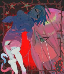 Rule 34 | 2girls, alien stage, angel wings, black background, black hair, boots, border, crying, crying with eyes open, detached sleeves, dress, expressionless, gloves, green eyes, half-closed eyes, hashtag-only commentary, heart (organ), highres, juliet sleeves, knee boots, laz (wancchaco), long hair, long sleeves, mini wings, mizi (alien stage), multiple girls, pink hair, puffy sleeves, red background, short hair, snake, star (symbol), strapless, strapless dress, sua (alien stage), tears, thorns, white dress, white gloves, wings