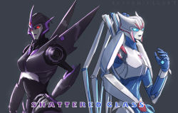 2girls airachnid arcee arcee_(prime) blue_eyes dark_persona fausto grey_background hand_on_own_hip light_persona mecha mecha_girl multiple_girls raikoh-illust red_eyes robot transformers transformers_prime transformers_shattered_glass