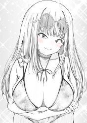1girl absurdres azuminonomizua bare_shoulders blunt_bangs blush breasts cleavage collarbone cowboy_shot eyewear_on_head greyscale hair_between_eyes hanging_breasts highres katou_asuka large_breasts leaning_forward long_hair looking_at_viewer monochrome simple_background smile solo standing swimsuit watashi_ga_motenai_no_wa_dou_kangaetemo_omaera_ga_warui!