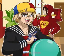 2boys absurdres alternate_costume ball beanie black_sailor_collar bodysuit brown_eyes brown_hair chipote_chillon cosplay creator_connection dr._stone el_chapulin_colorado el_chapulin_colorado_(cosplay) el_chapulin_colorado_(series) el_chavo_del_ocho fake_antennae hammer hand_up hat heart highres holding holding_weapon hood hood_up hoodie looking_at_viewer male_focus medium_hair multiple_boys muscular muscular_male nanami_ryuusui open_mouth plant quico quico_(cosplay) red_bodysuit sailor_collar serious shishiou_tsukasa superhero_costume twitter_username volter_x_volter weapon window