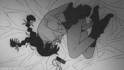 1girl bakemonogatari braid cspaz from_above full_body glasses greyscale hanekawa_tsubasa loose_socks lowres lying monochrome monogatari_(series) naoetsu_high_school_uniform on_side school_uniform shirt skirt socks solo twin_braids unworn_eyewear watermark web_address