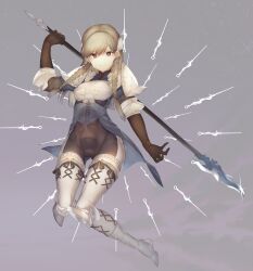1girl absurdres armor blue_shirt boots braid brown_gloves elbow_gloves full_body gloves grey_background grey_eyes hair_ornament highres holding holding_polearm holding_weapon knee_armor long_hair looking_at_viewer polearm ravness_loxaerion shirt shoulder_armor solo sword tactics_ogre thigh_boots thigh_strap twin_braids two-tone_shorts weapon white_hair yononaka