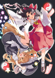 Rule 34 | 2girls, bare shoulders, black hair, blonde hair, bow, brown eyes, detached sleeves, gohei, hakurei reimu, haraegushi, hat, hat bow, highres, kirisame marisa, loafers, mary janes, multiple girls, ofuda, oonusa, open mouth, rotational symmetry, sash, shoes, star (symbol), touhou, wide sleeves, witch hat, yellow eyes, yin yang, yo yuma