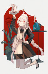 1girl alternate_costume apron arknights black_dress braid closed_mouth commentary_request dress earrings enmaided frilled_apron frills hand_on_own_hip hemorina highres holding holding_plate jewelry looking_at_viewer maid maid_apron maid_day maid_headdress plate plate_stack pointy_ears red_background red_eyes solo teapot twin_braids warfarin_(arknights) white_hair