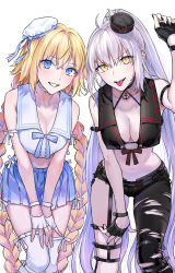 2girls absurdres ahoge anchor asymmetrical_legwear bare_arms bare_shoulders belt bikini bikini_top_only bikini_under_clothes black_choker black_gloves black_headwear black_legwear black_pants black_ribbon blonde_hair blue_ribbon blue_skirt blush boot_straps boots braid breasts chain choker cleavage commentary_request duplicate fate/grand_order fate_(series) fingerless_gloves garter_straps gloves hat highres jeanne_d&#039;arc_(fate) jeanne_d&#039;arc_(mystery_treasure)_(fate) jeanne_d&#039;arc_(ruler)_(fate) jeanne_d&#039;arc_alter_(fate) jeanne_d&#039;arc_alter_(mystery_treasure)_(fate) large_breasts leaning_forward long_hair looking_at_viewer midriff multiple_girls mystery_treasure navel nipi27 nose official_alternate_costume pants plaid_clothes plaid_skirt ponytail ribbon sailor_collar sailor_hat sidelocks simple_background skirt smile swimsuit swimsuit_under_clothes teeth thigh_strap thighhighs tilted_headwear tongue tongue_out torn_clothes torn_legwear torn_pants twin_braids uneven_legwear very_long_hair white_background white_choker white_footwear white_gloves white_hair white_headwear white_legwear zettai_ryouiki