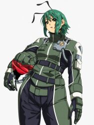 1990s_(style) 1girl absurdres antennae armored_core belt black_belt black_pants bodysuit closed_mouth cowboy_shot green_bodysuit green_eyes green_hair helmet highres holding holding_helmet pants retro_artstyle short_hair simple_background solo touhou ultragruntyy white_background wriggle_nightbug