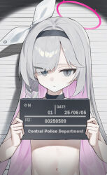 1girl absurdres black_choker black_hairband blue_archive bow braid choker colored_inner_hair commentary dated english_commentary eyes_visible_through_hair frown grey_eyes grey_hair hair_bow hair_over_one_eye hairband halo height_chart highres holding holding_sign huu_(dighapdlxm12) loli long_bangs long_hair looking_at_viewer mugshot multicolored_hair navel nude pink_hair plana_(blue_archive) side_braid sign single_braid solo two-tone_hair upper_body very_long_hair