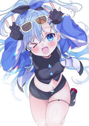 Rule 34 | 1girl, absurdres, black footwear, black gloves, black shirt, black skirt, blue hair, blue jacket, blue nails, blush, breasts, cropped jacket, cropped shirt, eyewear on head, fingerless gloves, gloves, haruta (806060), highres, hololive, hololive indonesia, iii (hololive), jacket, kobo kanaeru, long hair, looking at viewer, medium breasts, nail polish, navel, official alternate costume, one eye closed, shirt, shoes, skirt, smile, sunglasses, thigh strap, virtual youtuber, white-framed eyewear, white hair
