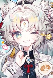 1girl animal_ear_fluff animal_ear_piercing animal_ears aqua_eyes chinese_clothes chinese_commentary close-up coat collared_coat collared_shirt eyeliner feixiao_(honkai:_star_rail) forehead_jewel fox_girl fuanti gradient_hair hair_ornament hand_up head_tilt heart high_ponytail highres honkai:_star_rail honkai_(series) index_finger_raised jewelry light_blush long_hair long_sleeves looking_at_viewer makeup multicolored_hair necklace one_eye_closed open_clothes open_coat parted_bangs ponytail red_eyeliner shirt smile solo spoken_animal spoken_heart spoken_star star_(symbol) teeth white_coat white_hair