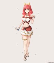 1girl absurdres bottle bracelet celica_(fire_emblem) dandelion earrings fire_emblem fire_emblem_echoes:_shadows_of_valentia flower hairband highres jewelry kaden08mm letter long_hair navel necklace nintendo princess red_eyes red_hair sandals skirt swimsuit yellow_hairband