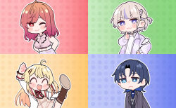 4girls ahoge arms_behind_back blonde_hair blue_eyes blue_hair blush_stickers closed_eyes ear_piercing fortissimo hair_ornament highres hiodoshi_ao hiodoshi_ao_(1st_costume) hololive hololive_dev_is ichijou_ririka ichijou_ririka_(1st_costume) leg_up long_hair mole mole_under_mouth multiple_girls musical_note musical_note_hair_ornament one_eye_closed orange_eyes orange_hair otonose_kanade otonose_kanade_(1st_costume) parody piercing polka_dot polka_dot_background purple_eyes sakana_(saka11205) smile super_bomberman_r thumbs_up todoroki_hajime todoroki_hajime_(1st_costume) victory_pose virtual_youtuber