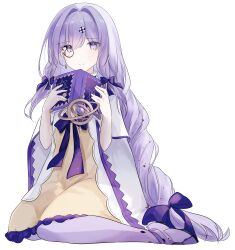 1girl arcaea bare_shoulders bow braid collar dress full_body hair_between_eyes hair_ornament highres jacket lagrange_(arcaea) long_hair mai_(ayamai2017) monocle purple_bow purple_eyes purple_hair purple_shoes shoes sidelocks single_braid solo twintails white_jacket yellow_dress