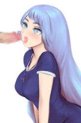 1boy 1girl blue_dress blue_eyes blue_hair blush boku_no_hero_academia breasts censored commentary dress english_commentary fellatio food hado_nejire hetero highres large_breasts long_hair mosaic_censoring open_mouth oral penis popsicle saliva saliva_trail short_sleeves shpo simple_background solo_focus tongue tongue_out white_background