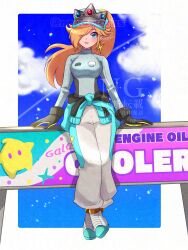 1girl adversarial_noise blonde_hair blue_eyes breasts clothes_around_waist crossed_ankles earrings gloves hair_over_one_eye hat highres jacket jacket_around_waist jewelry long_hair mario_(series) mario_kart mario_kart_world nintendo nonoworks official_alternate_costume ponytail racing_suit rosalina rosalina_(pro_racer) shirt solo star_(symbol) star_earrings tight_clothes tight_shirt watermark