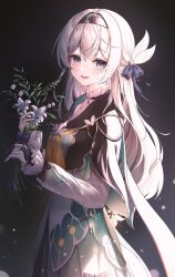 Rule 34 | 1girl, absurdres, black background, black bridal gauntlets, black hairband, black jacket, bridal gauntlets, cropped jacket, firefly (honkai: star rail), grey hair, hair between eyes, hair ornament, hairband, highres, honkai: star rail, honkai (series), ichizon, jacket, long hair, long sleeves, looking at viewer, multicolored eyes, neckerchief, open mouth, shirt, simple background, skirt, smile, solo, white shirt