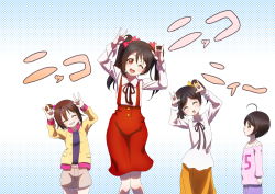 10s 1boy 3girls :o ;d ^_^ absurdres ahoge black_hair blush bow brother_and_sister brown_hair brown_ribbon brown_shorts caramelldansen closed_eyes clothes_writing collared_shirt commentary_request cowboy_shot double_m/ grey_ribbon grin hair_between_eyes hair_bobbles hair_bow hair_ornament halftone halftone_background hands_up head_tilt highres jacket long_sleeves looking_at_another looking_at_viewer love_live! love_live!_school_idol_project m/ multiple_girls neck_ribbon nico_nico_nii off-shoulder_shirt off_shoulder one_eye_closed one_side_up open_clothes open_jacket open_mouth orange_skirt parted_bangs pink_shirt purple_shirt purple_shorts red_bow red_eyes red_skirt ribbon shirt short_hair shorts siblings sidelocks sisters skirt smile snot standing suspender_skirt suspenders teeth tongue twintails upper_teeth_only white_shirt yachi_(fujiyasu0616) yazawa_cocoa yazawa_cocoro yazawa_cotaro yazawa_nico yellow_bow yellow_jacket