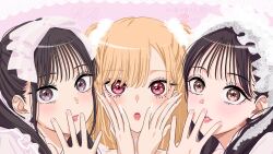 3girls black_eyes black_hair blonde_hair blush commentary_request copyright_name fake_nails hair_ribbon hands_up highres kitagawa_marin lips looking_at_viewer matsumoto_karen multiple_girls nail_polish official_art open_mouth piki_(group) pink_eyes portrait real_life ribbon sakuraba_haruka sono_bisque_doll_wa_koi_wo_suru takahashi_saki twintails white_nails white_ribbon