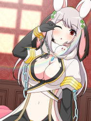 1girl absurdres animal_ears black_gloves blush breasts chain chestnut_mouth cleavage clover_hair_ornament coat commentary_request commission crop_top fake_animal_ears four-leaf_clover_hair_ornament fur_scarf gloves grey_coat grey_hair hair_ornament hand_up highres indoors large_breasts long_hair looking_at_viewer navel ochindori one_eye_closed open_mouth rabbit_ears rabbit_girl ragnarok_online rainbow red_eyes shirt skeb_commission solo upper_body warlock_(ragnarok_online) white_shirt window_shadow