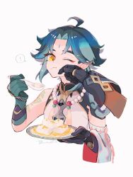 ! 2boys ahoge almond_tofu_(genshin_impact) aqua_hair arm_tattoo artist_name asymmetrical_gloves bead_necklace beads black_gloves closed_mouth commentary_request detached_sleeves eyeliner facial_mark food food_on_face forehead_mark genshin_impact gloves green_gloves green_hair hand_on_another&#039;s_face highres holding holding_plate holding_spoon jewelry long_sleeves makeup male_focus mismatched_gloves multicolored_hair multiple_boys necklace one_eye_closed parted_bangs plate red_eyeliner ring shirt short_hair shoulder_spikes sidelocks signature simple_background single_detached_sleeve sleeveless sleeveless_shirt solo_focus speech_bubble spikes spoken_exclamation_mark spoon streaked_hair tattoo thumb_ring tofu upper_body white_background white_shirt wide_sleeves xiao_(genshin_impact) yellow_eyes yumoto_(ncosmanthus) zhongli_(genshin_impact)