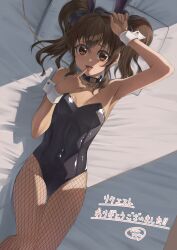 1girl animal_ears anise_tatlin bed black_hair black_leotard breasts brown_eyes choker collarbone commission fake_animal_ears fishnet_pantyhose fishnets leotard long_hair looking_at_viewer pantyhose playboy_bunny rabbit_ears rourou_ill skeb_commission small_breasts smile solo strapless strapless_leotard tales_of_(series) tales_of_the_abyss tongue tongue_out twintails wrist_cuffs