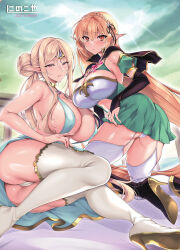 Rule 34 | 2girls, ass, black ribbon, blonde hair, blush, braid, breasts, cameltoe, center opening, cleavage, curvy, detached sleeves, dress, elbow gloves, elf, elf chief (ninoko), elf ni inmon wo tsukeru hon, fingerless gloves, garter straps, gloves, hair ribbon, huge breasts, large breasts, looking at viewer, multiple girls, navel, ninoko, official art, panties, pointy ears, red eyes, ribbon, sideboob, sidelocks, sylpha (ninoko), thick thighs, thighs, underwear, white dress, white garter straps, white panties, wide hips