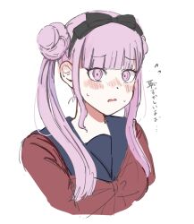 Rule 34 | 1girl, black bow, black hairband, black headband, blush, bow, female focus, hairband, headband, highres, japanese text, matching hair/eyes, open mouth, pink eyes, pink hair, simple background, solo, solo focus, sweat, sweatdrop, the hundred line -last defense academy-, tsukumo kako, twintails, upper body