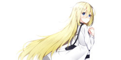 10s 1girl :o bag blonde_hair blue_eyes female_focus hair_between_eyes hands_up highres jacket long_hair long_sleeves looking_at_viewer looking_to_the_side open_clothes open_jacket own_hands_clasped own_hands_together parted_lips rachel_gardner satsuriku_no_tenshi shirt shoulder_bag simple_background solo striped_clothes striped_shirt the_cold very_long_hair white_background white_jacket