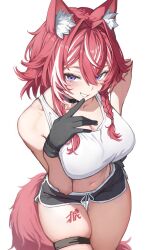 1girl animal_ears bare_arms bare_shoulders black_choker black_gloves black_shorts braid breasts choker cleavage cowboy_shot crop_top dolphin_shorts drawstring finger_to_mouth fox_ears fox_girl fox_tail gloves grin hand_on_own_hip hand_up highres indie_virtual_youtuber komagami_fuuro large_breasts leg_tattoo long_hair looking_at_viewer midriff multicolored_hair navel panty_straps purple_eyes red_hair shirt short_shorts shorts simple_background skindentation sleeveless sleeveless_shirt smile solo stomach streaked_hair tail tattoo thigh_strap thighs torisanff14 virtual_youtuber white_background white_shirt