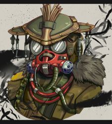 1other ambiguous_gender apex_legends bloodhound_(apex_legends) brown_jacket cable fur_trim goggles grey_background helmet highres jacket kaeru_(csit24) letterboxed looking_ahead other_focus portrait rebreather solo