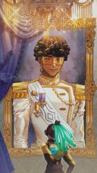 2boys bad_link badge brown_hair chandelier coat curtains dark_skin dreadlocks earrings from_behind glasses green_hair hair_ornament hairclip highres jewelry looking_up lucio_(overwatch) multiple_boys okitafuji overwatch painting_(object) palace photo_(object) picture_frame ponytail prince sash smile sparkle too_many_hair_ornaments