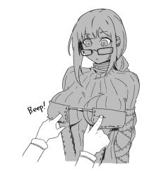 Rule 34 | black dress, breasts, center opening, chaldea uniform, dress, ear piercing, fate/grand order, fate (series), glasses, greyscale, large breasts, long hair, minew, monochrome, multiple piercings, piercing, striped bodysuit, very long hair, white background, yu mei-ren (fate), yu mei-ren (first ascension) (fate)