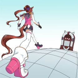 1girl absurdres animal_ears asymmetrical_footwear asymmetrical_gloves boots brown_hair epaulettes fringe_trim gameplay_mechanics gloves hair_ribbon high_heel_boots high_heels highres horse_ears horse_girl horse_tail hyoutan_tan jojo_no_kimyou_na_bouken jukebox meme mismatched_footwear mismatched_gloves oh?_you&#039;re_approaching_me?_(meme) parody ponytail ribbon sakura_bakushin_o_(umamusume) shirt shorts simple_background sleeveless sleeveless_shirt solo stardust_crusaders tail thighhighs tile_floor tiles umamusume walking